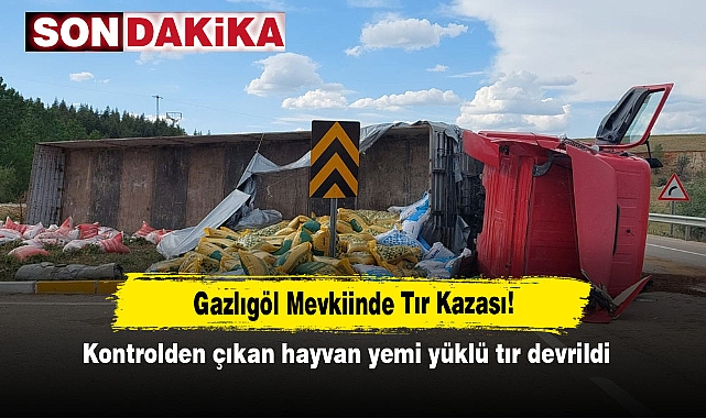 Gazlıgöl Mevkiinde Tır Kazası!  Kontrolden çıkan hayvan yemi yüklü tır devrildi