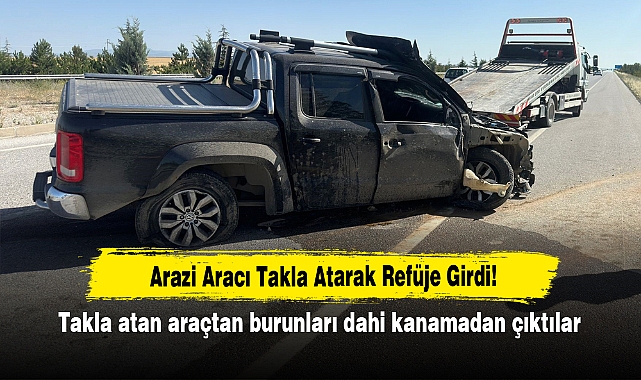 Arazi Aracı Takla Atarak Refüje Girdi! Takla atan araçtan burunları dahi kanamadan çıktılar