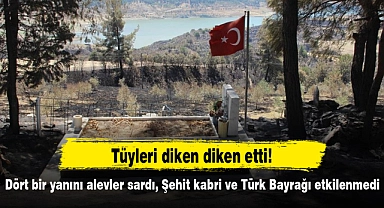 Dört bir yanını alevler sardı, Şehit kabri ve Türk Bayrağı etkilenmedi!