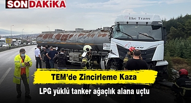 TEM’de Zincirleme Kaza! LPG yüklü tanker ağaçlık alana uçtu