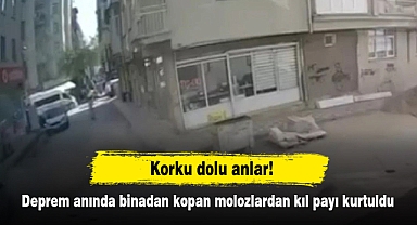 Korku dolu anlar! Deprem anında binadan kopan molozlardan kıl payı kurtuldu