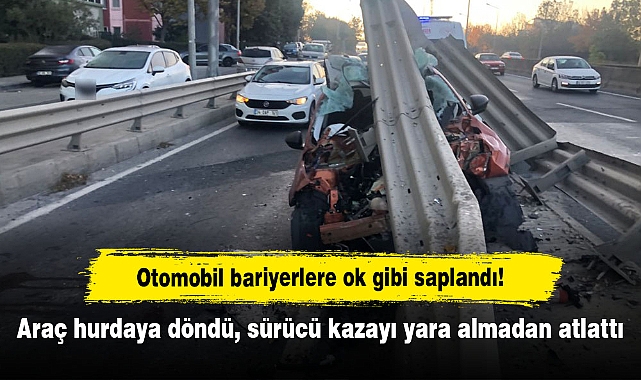 Otomobil bariyerlere ok gibi saplandı!  Araç hurdaya döndü, sürücü kazayı yara almadan atlattı
