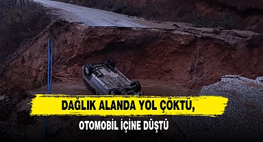 Dağlık Alanda Yol Çöktü, Otomobil İçine Düştü