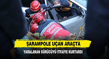 Şarampole Uçan Araçta Yaralanan Sürücüyü İtfaiye Kurtardı