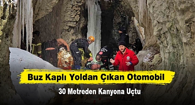 Buz Kaplı Yoldan Çıkan Otomobil 30 Metreden Kanyona Uçtu