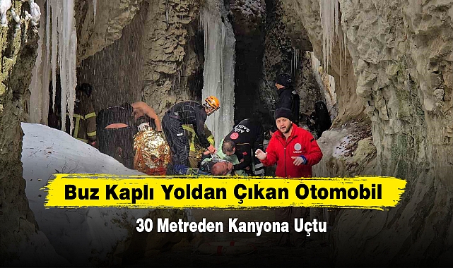 Buz Kaplı Yoldan Çıkan Otomobil 30 Metreden Kanyona Uçtu