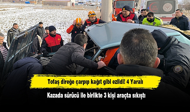Tofaş direğe çarpıp kağıt gibi ezildi! 4 Yaralı