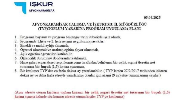 Afyonkarahisar’da 60 Günlük İstihdam Fırsatı
