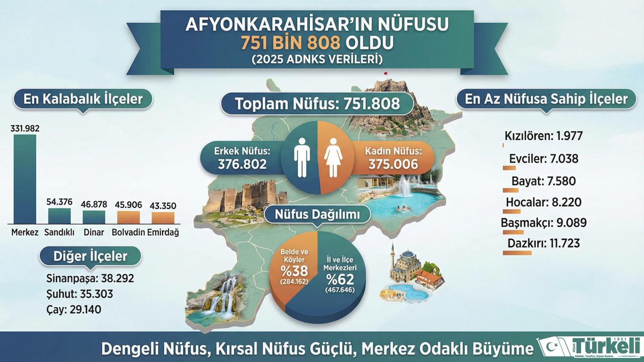 Afyonkarahisar’ın Nüfusu 751 Bin 808 Oldu: En Büyük İlçe Merkez, En Kalabalık İlçe Sandıklı