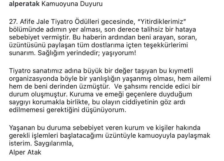 27. Afife Jale Tiyatro Ödülleri’nde Şok Hata: Hayatta Olan Oyuncu Alper Atak “Yitirdiklerimiz” Arasında Anıldı!