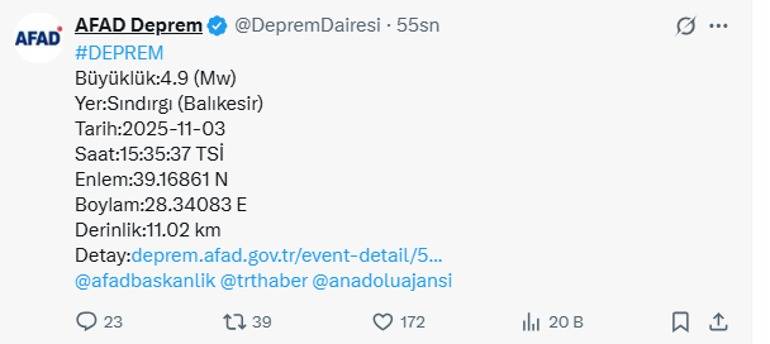 Son Dakika- Balıkesir Sındırgı’da 4.9 Büyüklüğünde Deprem Oldu!
