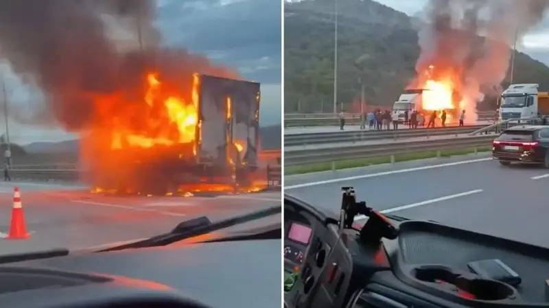 İstanbul Beykoz TEM Otoyolu’nda Kamyonet Alev Aev Yandı!