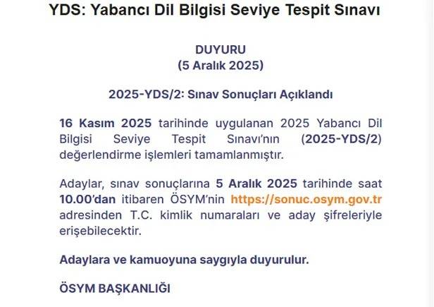 ÖSYM Duyurdu: 2025- YDS/2 Sonuçları Açıklandı!