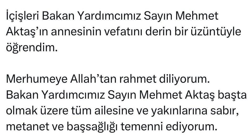 Afyonkarahisar Valisi Yiğitbaşı’ndan Bakan Yardımcısı Aktaş’a  Taziye Mesajı