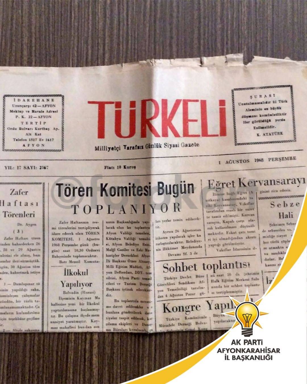 AK Parti Afyonkarahisar İl Başkanlığı’ndan Türkeli Gazetesi’ne 75. Yıl Tebriği