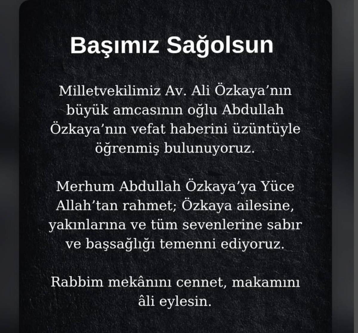 Afyonkarahisar AK Parti Milletvekili Ali Özkaya’nın Ailesine Acı Kayı
