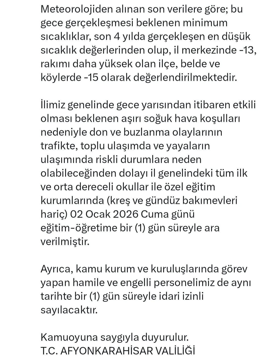 Afyonkarahisar Valiliği Duyurdu: Okullara 1 Gün Ara, Hamile ve Engelli Personele İdari İzin