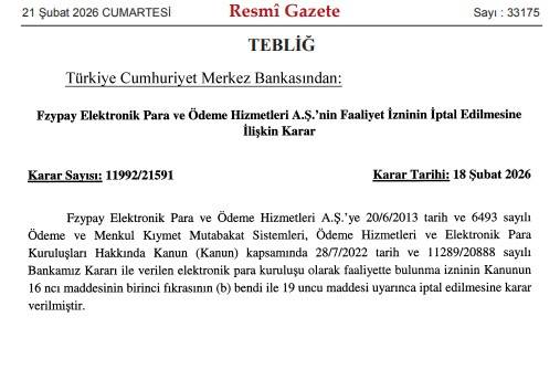 TCMB’den Fyzpay Elektronik Para A.Ş.’ye Faaliyet İzni İptali