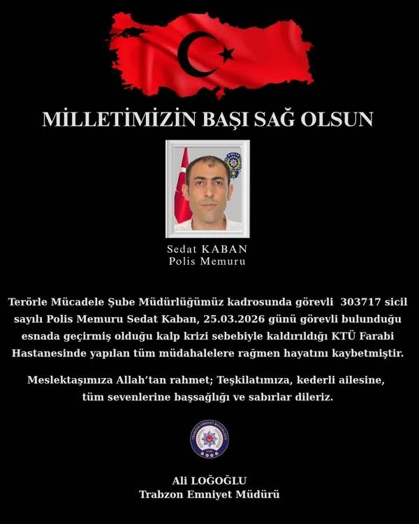 Trabzon’da Acı Olay:  Polis Memuru Sedat Kaban Görev Yerinde Hayatını Kaybetti!
