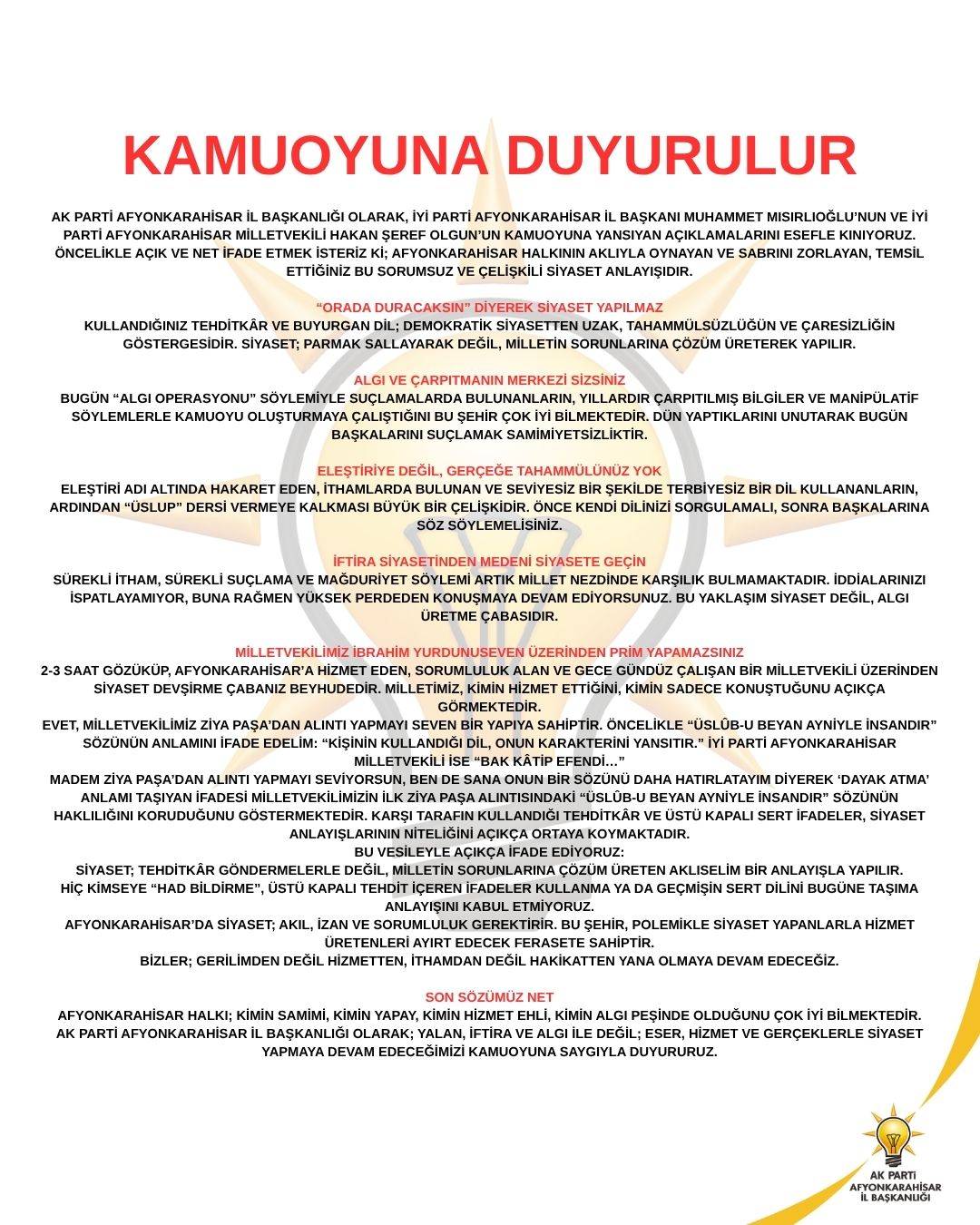 Afyonkarahisar AK Parti’den İYİ Parti’ye Sert Tepki