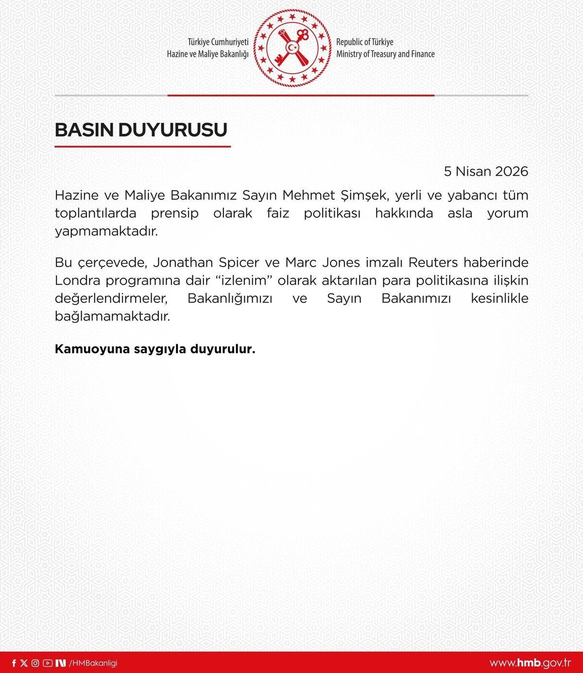 Hazine ve Maliye Bakanlığı ve TCMB’den “Faiz Politikası” Haberlerine Net Yalanlama