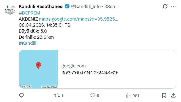 Son Dakika: Akdeniz Açıklarında 5.0 Büyüklüğünde Deprem!