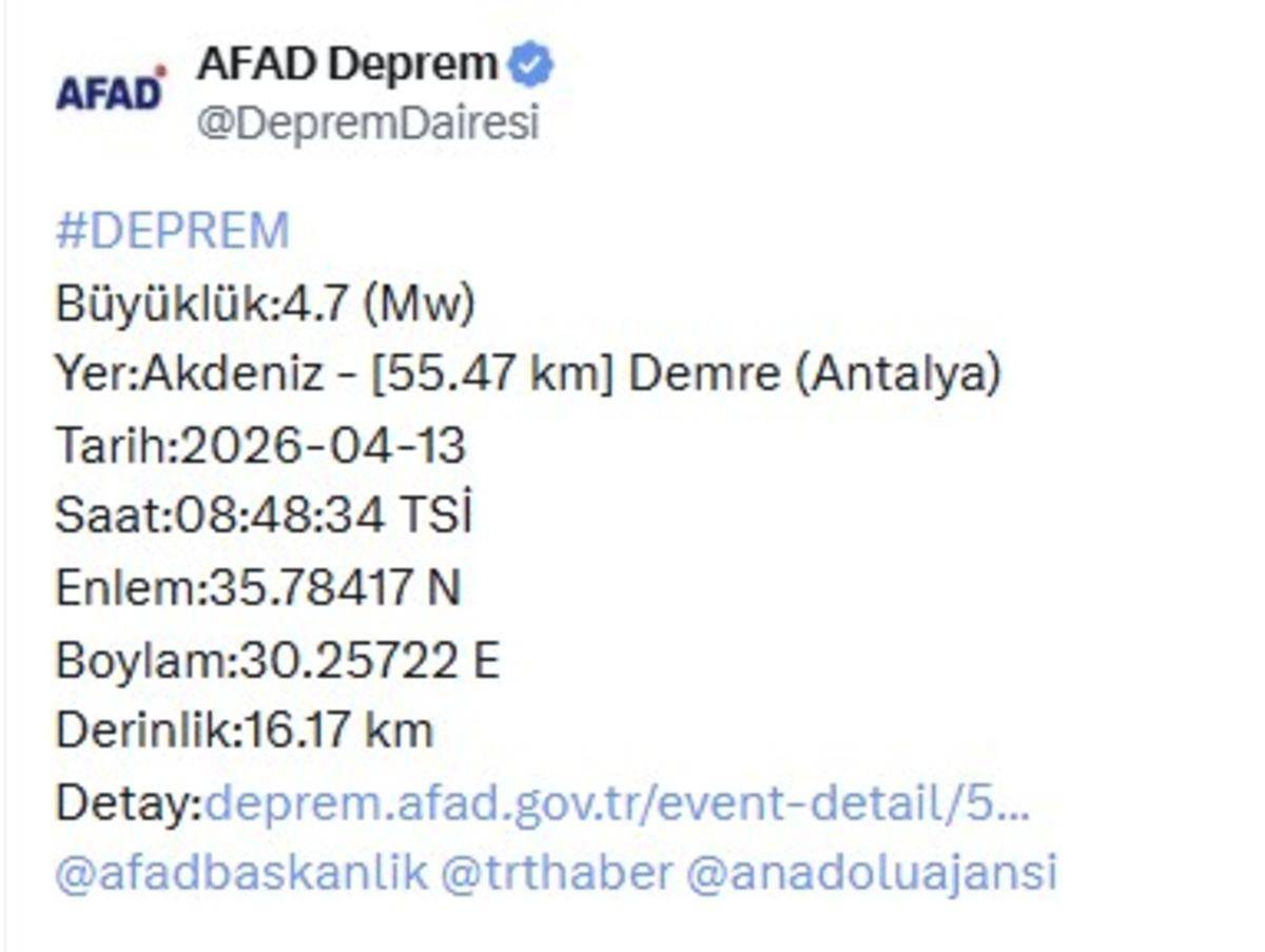Antalya Demre Açıklarında Peş Peşe Depremler: Sabah Saatlerinde 3.5 ve 4.7 Büyüklüğünde Sarsıntı!