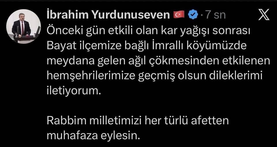 Milletvekili Yurdunuseven ’den Bayat İmrallı Köyü Geçmiş Olsun Mesajı